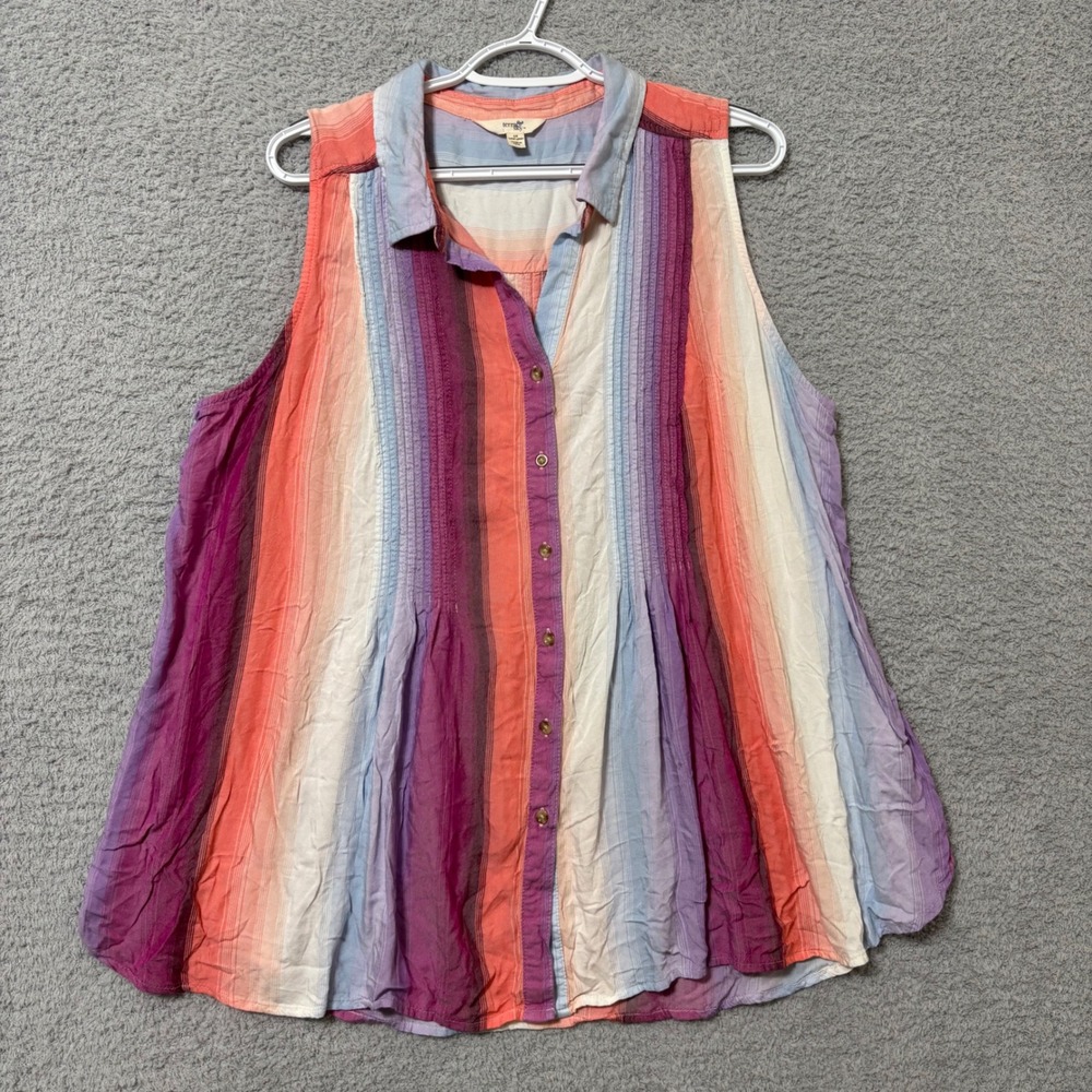 Sleeveless Button Front Swing Tank Collared Relaxed Lightweight Striped 1X - Picture 1 of 8